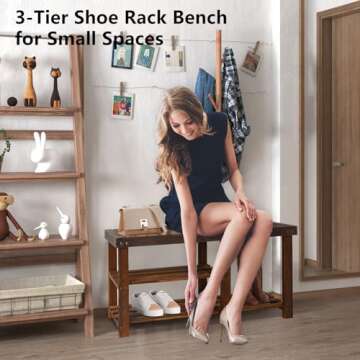ECOMEX Shoe Rack Bench for Entryway, 3-Tier Wooden Shoe Shelf Shoe Organizer Bench Shoe Organizer Entryway Bench for Bedroom Balcony Entryway Entrance, Brown(33.5''L)