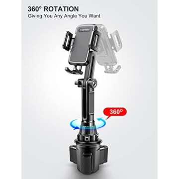 TOPGO Cup Phone Mount, [Height-Adjustable Pole & Non-Shaking] Cup Phone Holder for Car, Cell Phone Cradle for iPhone 16 and All 4.0-7.0 inches Smartphone - Black