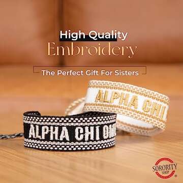 Sorority Shop Phi Mu Bracelet — Woven Bracelet, White and Gold Design with PM Sorority Name and Ta...