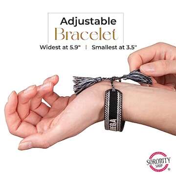 Sorority Shop Phi Mu Bracelet — Woven Bracelet, White and Gold Design with PM Sorority Name and Tassels, Greek Sorority Jewelry and Big Little Sorority Gifts