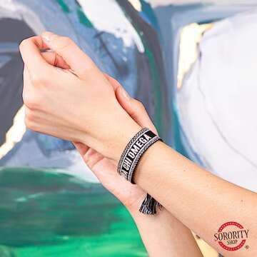 Sorority Shop Phi Mu Bracelet — Woven Bracelet, White and Gold Design with PM Sorority Name and Tassels, Greek Sorority Jewelry and Big Little Sorority Gifts