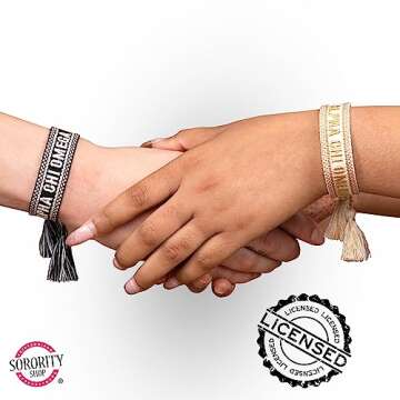 Sorority Shop Phi Mu Bracelet — Woven Bracelet, White and Gold Design with PM Sorority Name and Tassels, Greek Sorority Jewelry and Big Little Sorority Gifts