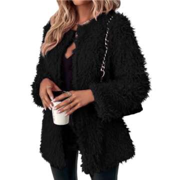 691 - Plus Size Open Front Statement Pockets Long Sleeve Fuzzy Teddy Faux Fur Coat Jacket Hot Pink Fuchsia (Black-Fur, 2X)