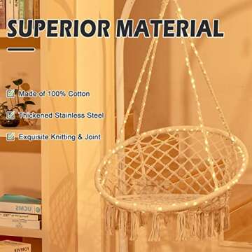 Sonyabecca LED Hanging Chair Light Up Macrame Swing Hammock Chair with 472" LED Light for Indoor Outdoor Home Patio Deck Yard Garden Reading Leisure Lounging Large Size(55x75cm) (NO Stand)