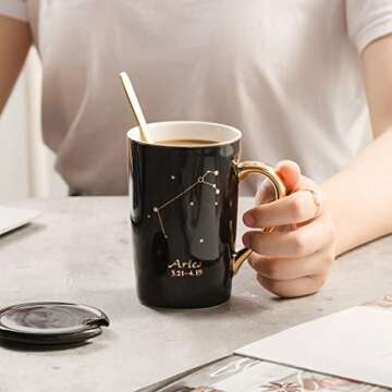TILANY Coffee Mug - Constellation Drinkware Set with Lid, Gold Spoon - Elegant & Creative Zodiac Cups for Coffee, Tea - Astrology Gifts for Men & Women - 13.5oz Cup (Aries)