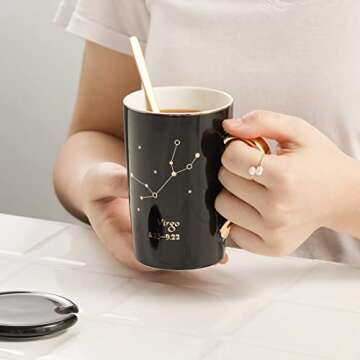 TILANY Coffee Mug - Constellation Drinkware Set with Lid, Gold Spoon - Elegant & Creative Zodiac Cups for Coffee, Tea - Astrology Gifts for Men & Women - 13.5oz Cup (Aries)