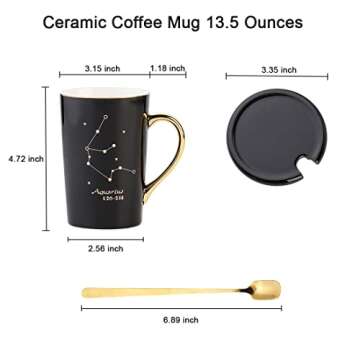TILANY Coffee Mug - Constellation Drinkware Set with Lid, Gold Spoon - Elegant & Creative Zodiac Cups for Coffee, Tea - Astrology Gifts for Men & Women - 13.5oz Cup (Aries)