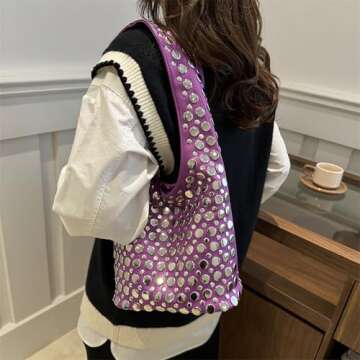 Women's Studded Shoulder Bag - Y2K 90s Punk Hobo Purse in Purple
