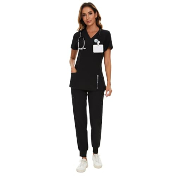 COZYFIT Women's Scrubs Set - V-Neck Top & Jogger Pants - 8 Pockets