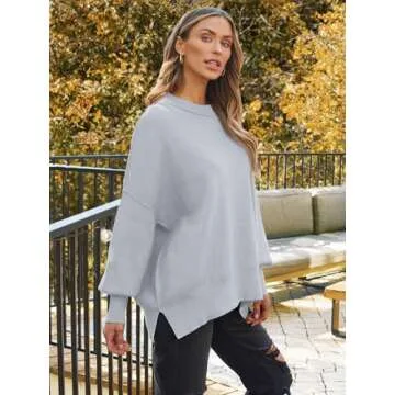 LILLUSORY Women's Oversized Batwing Sweaters 2024 Fall Outfits Crewneck Ribbed Knit Side Slit Trendy Pullover Tops Grey XS