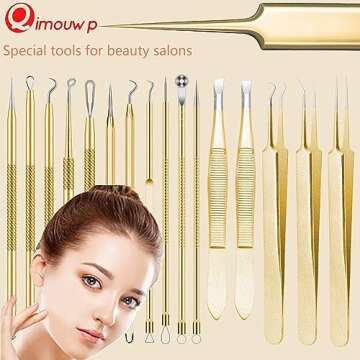 Blackhead Remover Tool, 16 PCS Pimple Popper Tool Kit, Tweezers Set for Eyebrows Hair Removal Pimple Blemish Acne Comedones Extractor Whitehead Cyst Removal Tool, for Nose Face Beauty Tools (Golden)