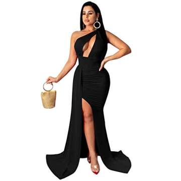 LAGSHIAN Women Sexy Elegant One Shoulder High Split Cutout Long Evening Dress