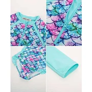 GRACE KARIN Girls Swimsuit One Piece Rash Guard Bathing Suit Girls Cute Ruffle Swimwear Zip Blue Mermaid 8Y