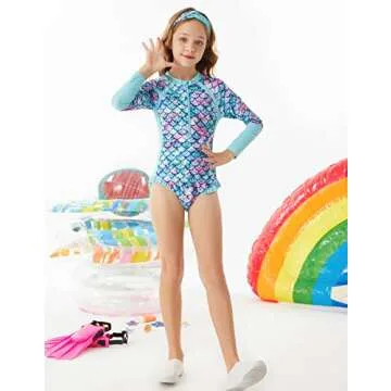 GRACE KARIN Girls Swimsuit One Piece Rash Guard Bathing Suit Girls Cute Ruffle Swimwear Zip Blue Mermaid 8Y