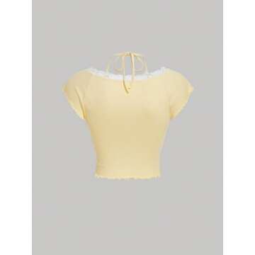 Verdusa Women's Contrast Lace Halter Neck Lettuce Trim Casual Crop Tee Tops Yellow Small