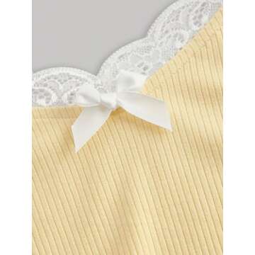 Verdusa Women's Contrast Lace Halter Neck Lettuce Trim Casual Crop Tee Tops Yellow Small