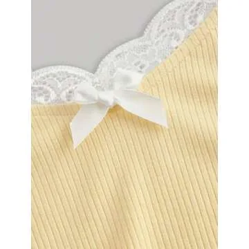 Verdusa Women's Contrast Lace Halter Neck Lettuce Trim Casual Crop Tee Tops Yellow Small