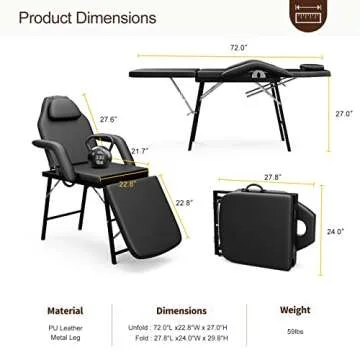Paddie Portable Tattoo Chair for Client 72inch, Mobile Massage Table Foldable with Storage Bag, Black