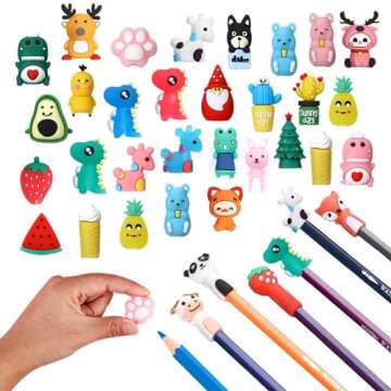 BetterJonny 30PCS Pencil Toppers Animal Pencil Toppers, Silicone Pencil Top Cartoon Pen Toppers Clip...