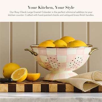 MACKENZIE-CHILDS Enamel Colander, Decorative Kitchen Strainer, Large, Pink-and-White Rosy Check