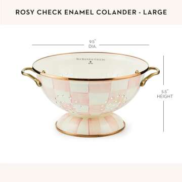 MACKENZIE-CHILDS Enamel Colander, Decorative Kitchen Strainer, Large, Pink-and-White Rosy Check