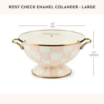 MACKENZIE-CHILDS Enamel Colander, Decorative Kitchen Strainer, Large, Pink-and-White Rosy Check