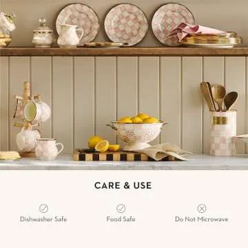 MACKENZIE-CHILDS Enamel Colander, Decorative Kitchen Strainer, Large, Pink-and-White Rosy Check