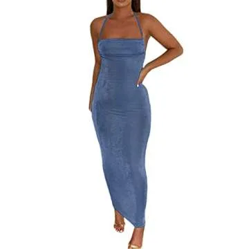 JUMISEE Women Sexy Backless Draped Maxi Dress Elegant Sleeveless Spaghetti Strap Evening Dress Long Club Party Beach Dress Dusty Blue
