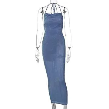 JUMISEE Women Sexy Backless Draped Maxi Dress Elegant Sleeveless Spaghetti Strap Evening Dress Long Club Party Beach Dress Dusty Blue