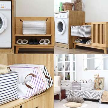Hinwo 31L Large Storage Bins, Closet Organizers and Storage, Shelf Baskets, Foldable Clothes Storage Baskets with Handles, Containers for Clothing, Blanket, Towels, Toys, Bedding (Gray Stripe)
