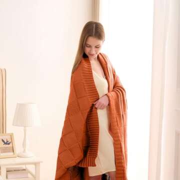 CozeCube Knit Throw Blanket,Orange Checkered Throw Blanket for Couch,Soft Cozy Warm Knitted Throw Bl...