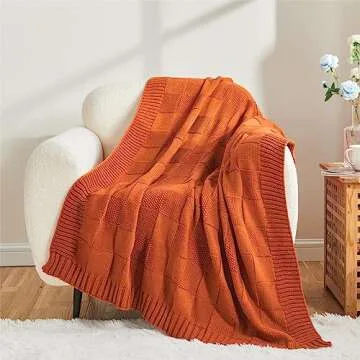 CozeCube Knit Throw Blanket,Orange Checkered Throw Blanket for Couch,Soft Cozy Warm Knitted Throw Blanket for Couch Bed Living Room, Decorative Spring Fall Throw Blanket 50"X60",Rust Orange