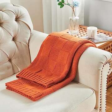 CozeCube Knit Throw Blanket,Orange Checkered Throw Blanket for Couch,Soft Cozy Warm Knitted Throw Blanket for Couch Bed Living Room, Decorative Spring Fall Throw Blanket 50"X60",Rust Orange