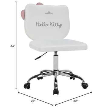 Impressions Vanity Hello Kitty Kawaii Swivel Vanity Chair for Makeup Room, Adjustable Height Desk Chair with Wheels Rolling, Comfy Foam Back Chair (White)