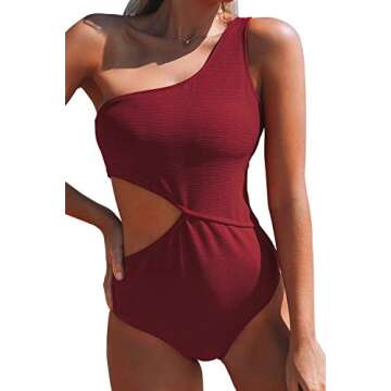 CUPSHE Womens One Piece Swimsuit One Shoulder Cut Out Ribbed Swimwear Bathing Suits Red Size Medium