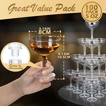 Potchen 100 Pcs Plastic Champagne Party Glasses 5 oz Clear Disposable Champagne Glasses Stackable Ac...
