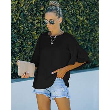 luvamia Women's Casual 3/4 Tiered Bell Sleeve Crewneck Loose Tops Blouses Shirt Ruffle Sleeve Top Black Bell Sleeve Top Black Size Medium Size 8 Size 10