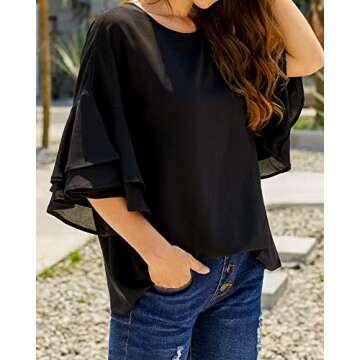 luvamia Women's Casual 3/4 Tiered Bell Sleeve Crewneck Loose Tops Blouses Shirt Ruffle Sleeve Top Black Bell Sleeve Top Black Size Medium Size 8 Size 10