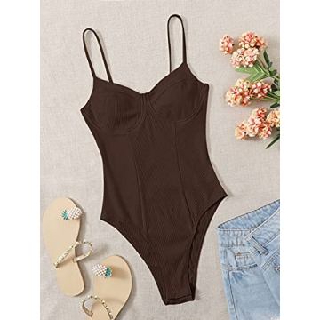 Milumia Women's Sexy Ribbed Bustier Bodysuit Deep Brown Comfort