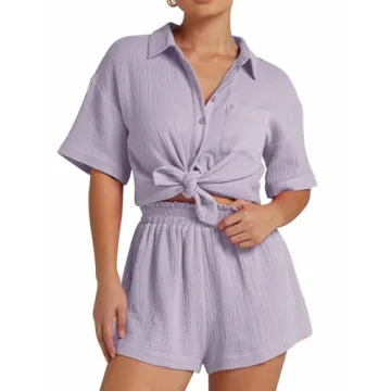 Flygo Womens Casual 2 Piece Outfits Cotton Linen Sets Button Down Shirt Shorts Resort Wear