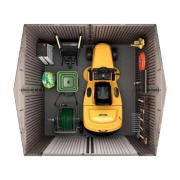 Rubbermaid Large Resin Outdoor Storage Shed With Floor (7 x 7 Ft.), Weather Resistant, Brown, Organization for Home/Lawn Mower/Backyard Equipment/Bike Storage/Pool Supplies