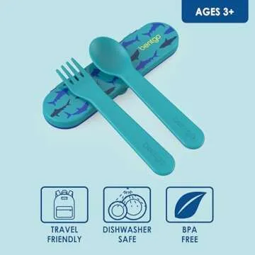 Bentgo Kids Utensil Set - Reusable Plastic Fork, Spoon & Storage Case - BPA-Free Materials, Easy-Grip Handles, Dishwasher Safe - Ideal for School Lunch, Travel, & Outdoors (Shark)