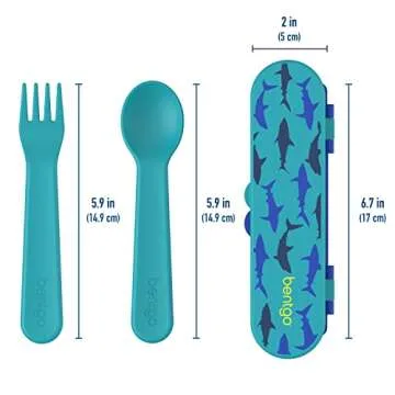 Bentgo Kids Utensil Set - Reusable Plastic Fork, Spoon & Storage Case - BPA-Free Materials, Easy-Grip Handles, Dishwasher Safe - Ideal for School Lunch, Travel, & Outdoors (Shark)