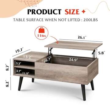 WLIVE Lift Top Coffee Table with Storage for Living Room,Small Hidden Compartment and Adjustable Shelf,Mid Century Modern ,Wood,Greige