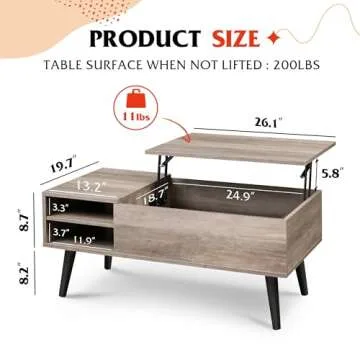 WLIVE Lift Top Coffee Table with Storage for Living Room,Small Hidden Compartment and Adjustable Shelf,Mid Century Modern ,Wood,Greige
