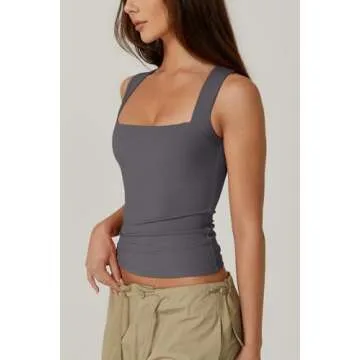 QINSEN Women's Summer Tank Tops Square Neck Sleeveless Slim Fitted Going Out Shirts Dark Grey XL