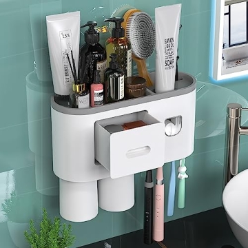 Stylish Toothbrush Holder Wall Mounted - Automatic Toothpaste Dispenser Kit, Magnetic Cups & Drawer