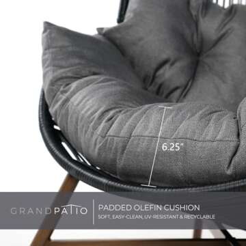 Grand patio Outdoor Egg Chair PE Wicker Wood Grain Finish Comfortable Conversation Chair with Olefin Cushion Oversized Lounger Chair with Stand for Porch, Backyard, Living Room - Dark Grey