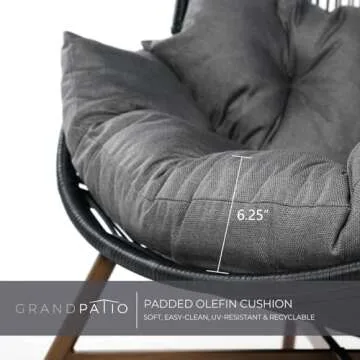 Grand patio Outdoor Egg Chair PE Wicker Wood Grain Finish Comfortable Conversation Chair with Olefin Cushion Oversized Lounger Chair with Stand for Porch, Backyard, Living Room - Dark Grey