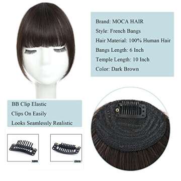 French Dark Brown Clip In Bangs - 100% Real Human Hair, Clip On Bangs for Natural Hair